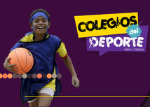 Imagen de estudiante jugando baloncesto - texto que indica: resultados convocatoria colegios del deporte