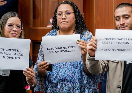 Tres jóvenes con carteles en el Congreso