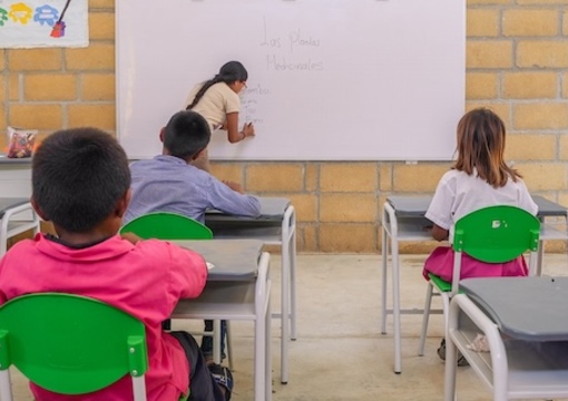 Profesora en salon de clases con estudiantes
