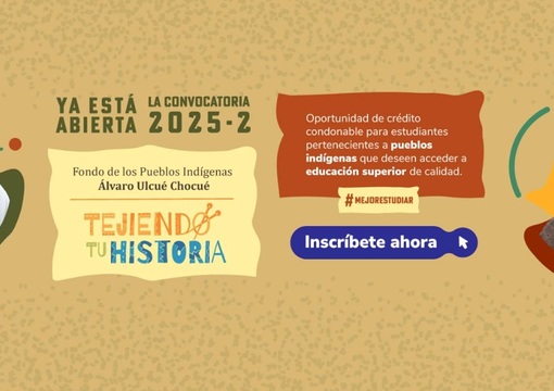 Diseño con dos estudiantes indígenas, invitando a participar de la convocatoria