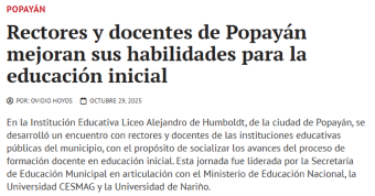 Rectores y docentes de Popayán mejoran sus habilidades para la educación inicial