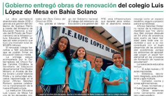 Gobierno entregó obras de renovación del colegio Luis López de Mesa en Bahía Solano