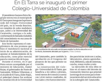 En El Tarra se inauguró el primer Colegio-Universidad de Colombia