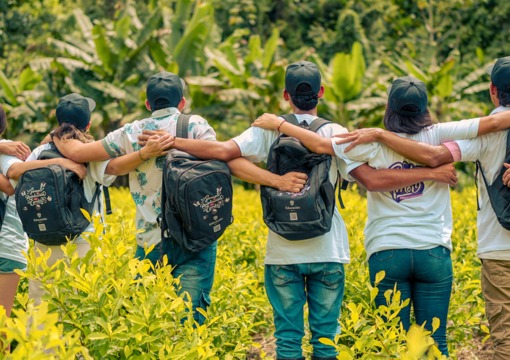 Niñas y niños abrazados observan el paisaje.