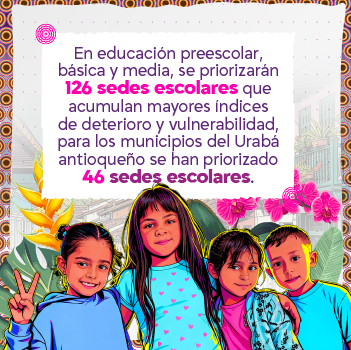 En educación preescolar, básica y media, se priorizarán 126 sedes escolares que acumulan mayores índices de deterioro y vulnerabilidad; para los municipios del Urabá antioqueño se han priorizado 46 sedes escolares.