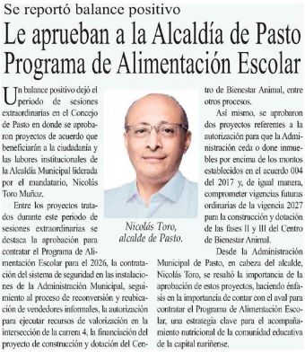 Le aprueban a la Alcaldía de Pasto Programa de Alimentación Escolar
