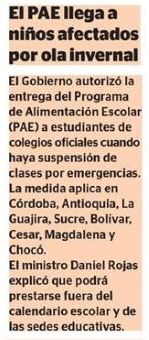 El PAE llega a niños afectados por ola invernal