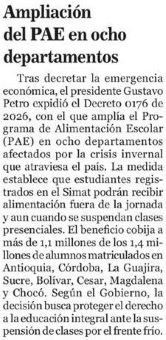 Ampliación del PAE en ocho departamentos