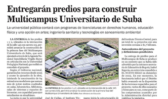 Entregarán predios para construir Multicampus Universitario de Suba
