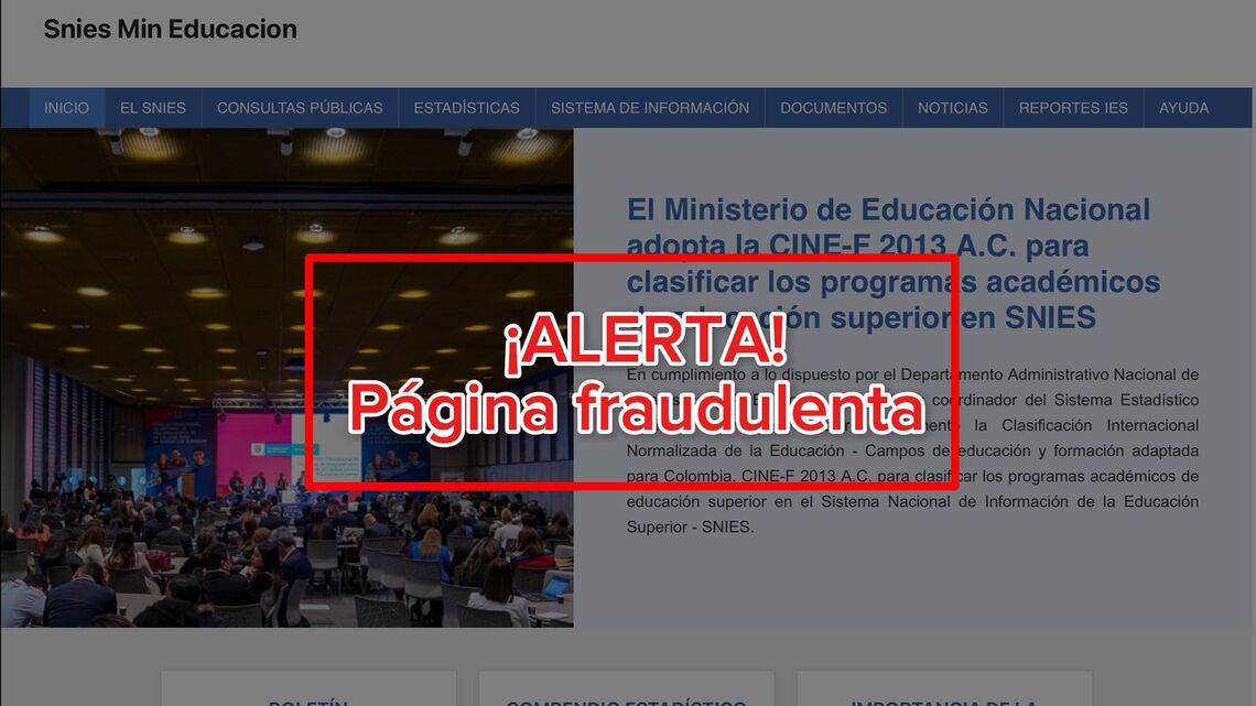 Pantallazo de la página y dice: Alerta página fraudulenta