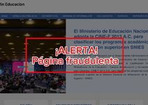 Pantallazo de la página y dice: Alerta página fraudulenta