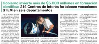 Gobierno invierte más de $5.000 millones en formación científica: 214 Centros de interés fortalecen vocaciones STEM en seis departamentos