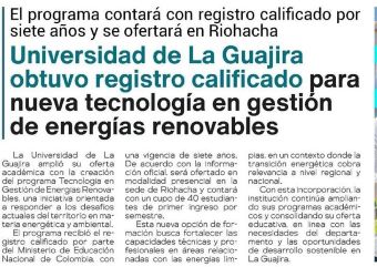Universidad de La Guajira obtuvo registro calificado para nueva tecnología en gestión de energías renovables