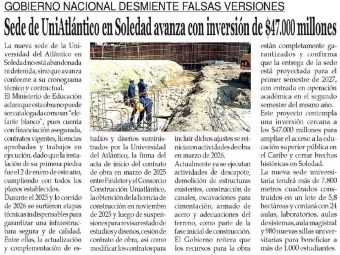 Sede de UniAtlántico en Soledad avanza con inversión de $47.000 millones