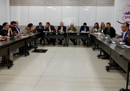 La viceministra de Educación Preescolar, Básica y Media, Gledy María Foliaco Rebolledo, el gobernador de Santander, Juvenal Díaz Mateus y el senador Diego Fran Ariza, reunidos en el Ministerio de Educación Nacional