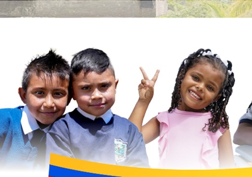Diseño niños y niñas con la bandera de Colombia y el logo de Educación