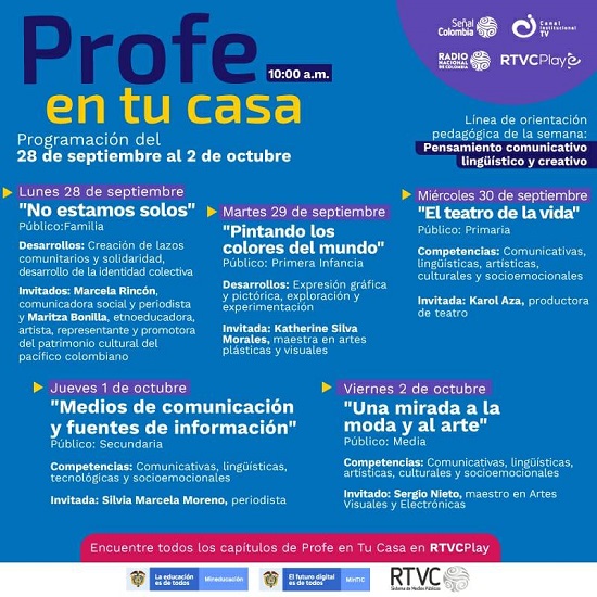 Programación de `Profe en tu Casa’ del lunes 28 de septiembre al viernes 2 de octubre. Programación de `Profe en tu Casa’ del lunes 28 de septiembre al viernes 2 de octubre.
